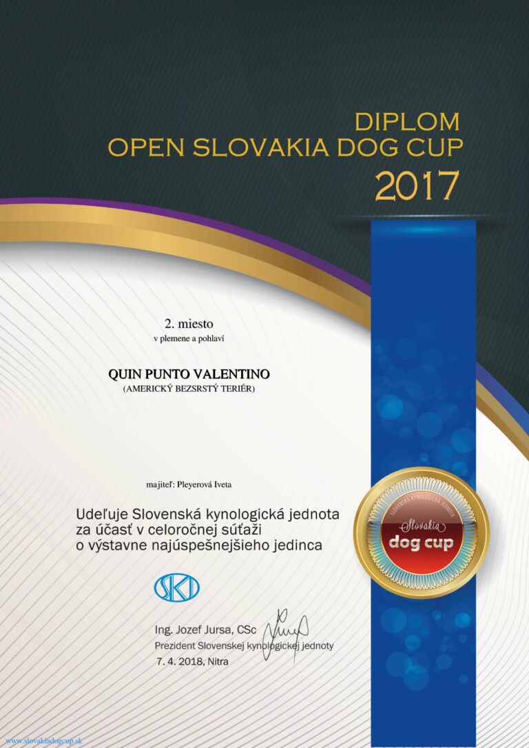 QUIN Slovakia Dog Cup 2017 2.místo v plemeni a pohlaví
